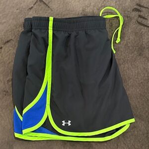 Under Armour Women’s Black Athletic Shorts with Neon Green Trim and Blue Panels
